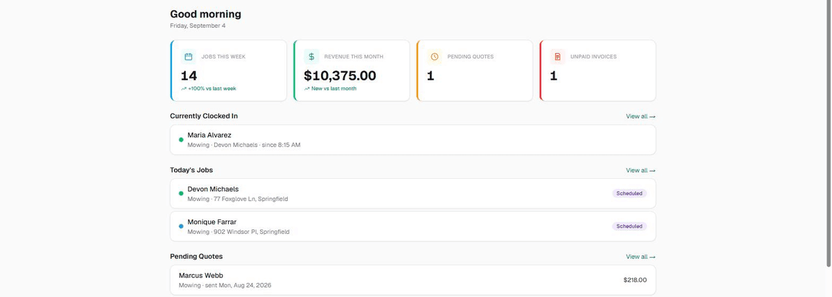 The Lawn Care Ops dashboard, showing this week's jobs, revenue, pending quotes, unpaid invoices, and today's scheduled jobs — click to explore the live demo
