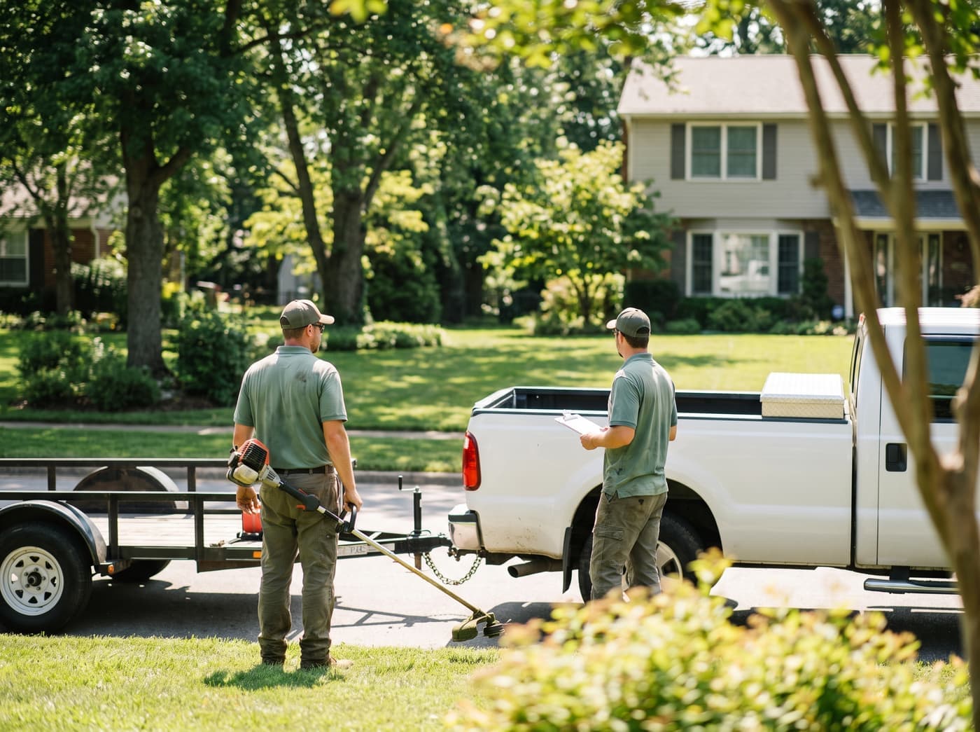 Two lawn care crew members standing by their work truck, discussing the next job
