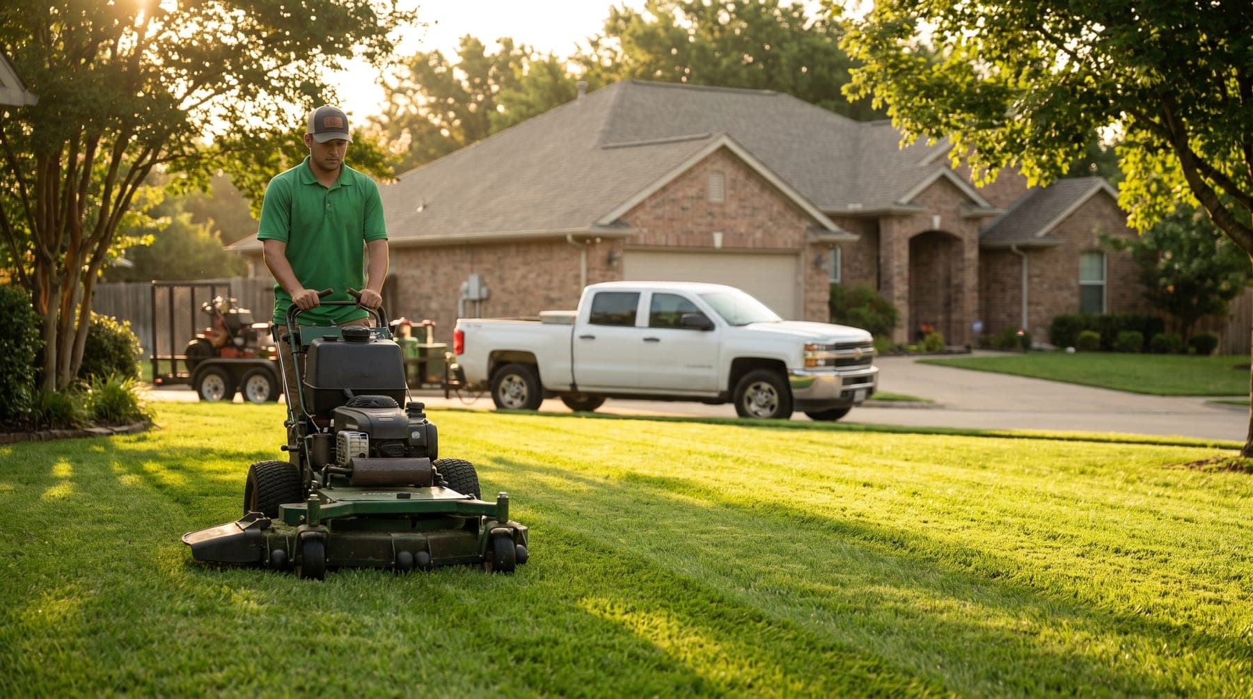 A lawn care crew member mowing a customer's front yard in the late afternoon, with the crew's truck parked in the driveway