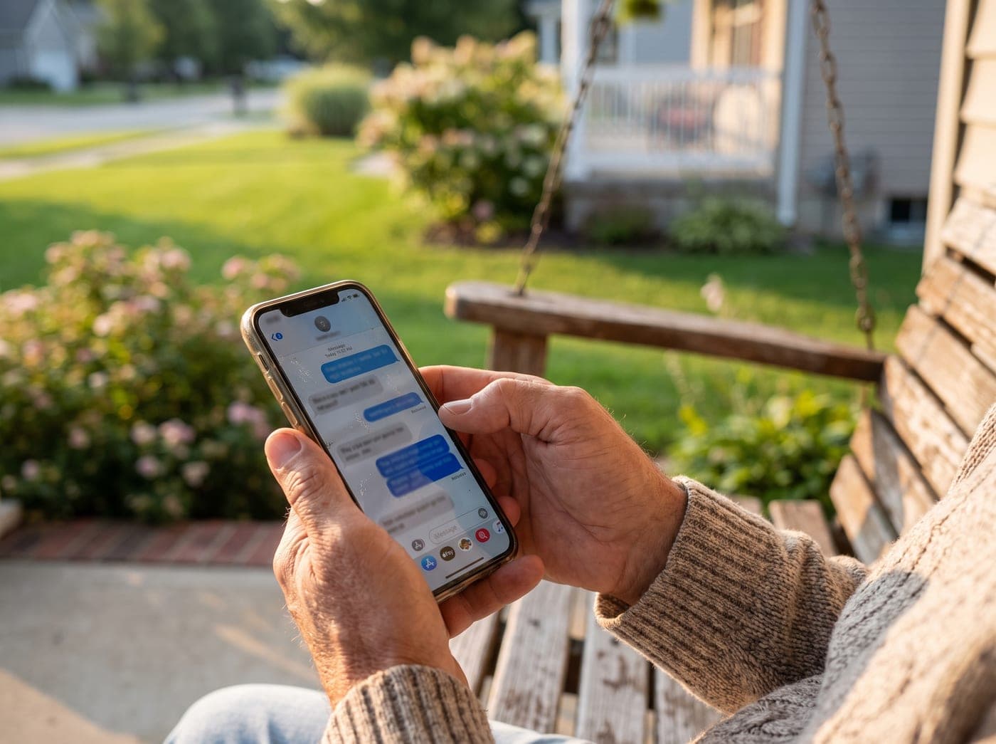 A customer reading a text message on their phone from their front porch, with a well-kept lawn in the background